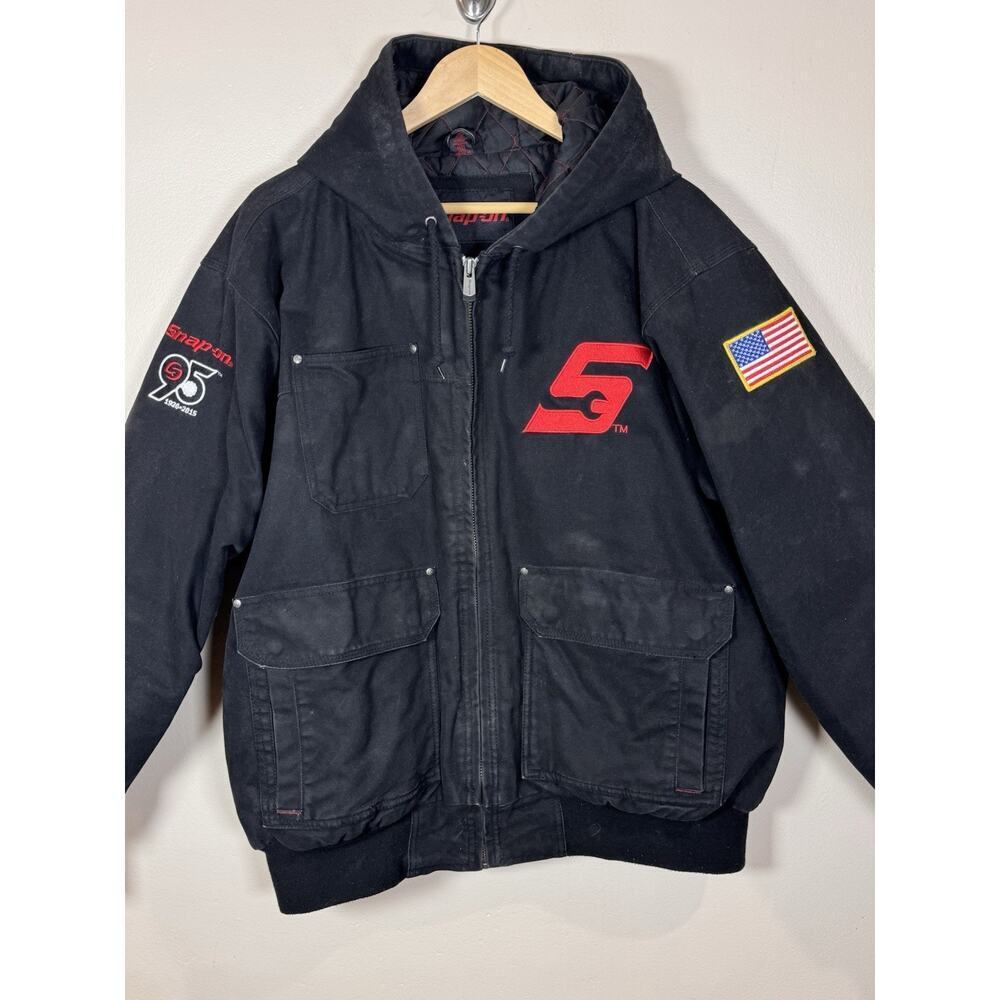 Snap On Tools Coat Men’s XL Black 95th Anniversary Flag Work Hooded Quilt Lined